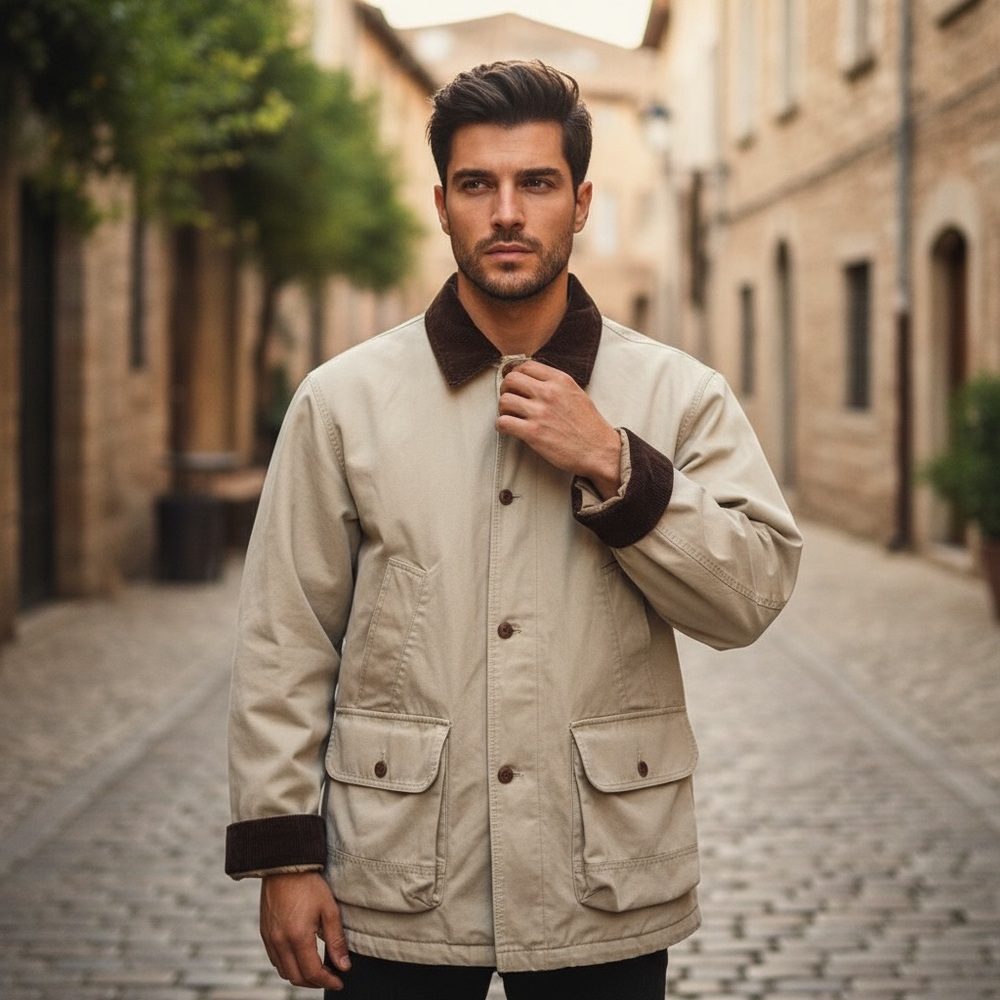 Men's Eddie Bauer 2XL Beige Chore Barn Field Jacket Canvas Corduroy Collar Coat